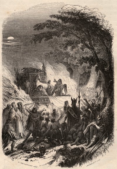 Begravelse til en høvding Germain i antikken: kroppen hans blir brent med våpnene og hesten hans. Gravering fra 1868 i «Histoire de Belgique fra primitiv tid til slutten av regne av Leopold I»» av Theodore Juste (1818-1888). Privat samling. av Unknown artist