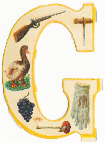 G: pistol, gimlet, gås, drue, gasslampe, hanske (farge litho) av Unknown artist