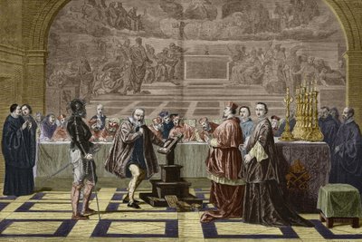 Galilea (Galileo Galilei) før inkvisisjonen av det hellige embete (det hellige kontor) i Vatikanet (1632). Gravering etter maleriet av Robert-Fleury Joseph Nicolas (1797-1890). av Unknown artist