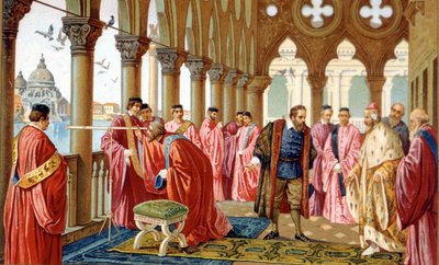 Galileo Galilei (1564 - 1642) presenterer rammen i Dogepalasset i Venezia. kromolitografi fra 1800-tallet. av Unknown artist