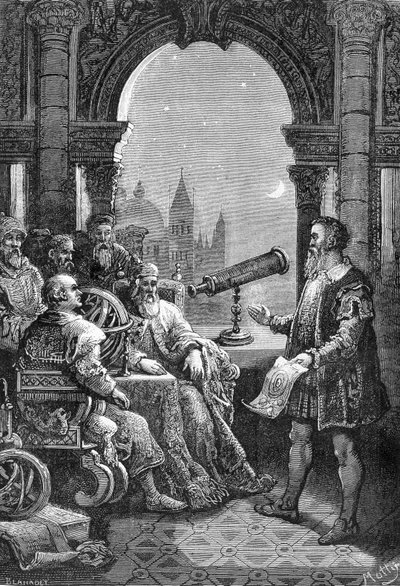 Galileo Galilei (Galileo) presenterer den første astronomiske rammen ved Doge of Venezia. av Unknown artist