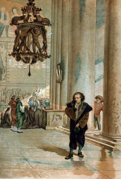 Galileo Galilei dit Galileo (1564 - 1642).observing the oscillation of the lamp of the Cathedral of Pisa. from” La Ciencia y sus Hombres by Louis Figuier”” Barcelona 1881 av Unknown artist