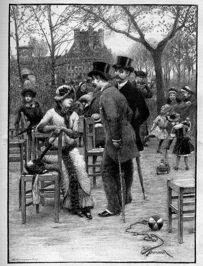 Galant samtale mellom to menn og en ung kvinne, alle veldig elegante, i Tuileries Garden i Paris om sommeren. Gravering i "" Le Monde Illustré"" av Unknown artist