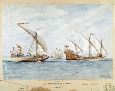 Bysse og galion fra 1400-tallet (Akvarell av Unknown artist
