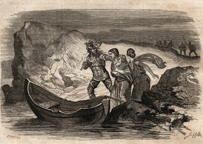 Galliske kriger, 58-51 f.Kr. Romersk seier over de tyske stammene under Ariovistus - Ariovistus tvunget til å krysse Rhinen igjen - Ariovist-jernstyrken Rhinen - gravering i "" Illustrious Popular Dictionary" - 1864 - av Joseph December og Edmond Allonier av Unknown artist