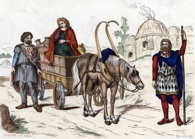 Gallic housing, woman, peasant, chariot, rich farmer, harness - in “” Les Costumes civil et militaires des Français dans travers les siècles Paris F. Roy 1882””. av Unknown artist