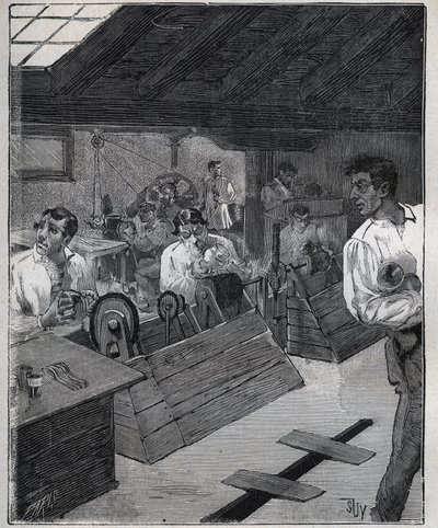 Galvanisk forgylling: skrape-boessage av gullsmykker med en skrape-boesse. Gravering fra 1885 i "" Les arts et metiers illustres"" av Adolphe BITARD. av Unknown artist
