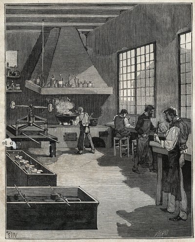 Galvanisk gullsmed: tilberedning av former. Gravering fra 1885 i "" Les arts et metiers illustres"" av Adolphe BITARD. av Unknown artist