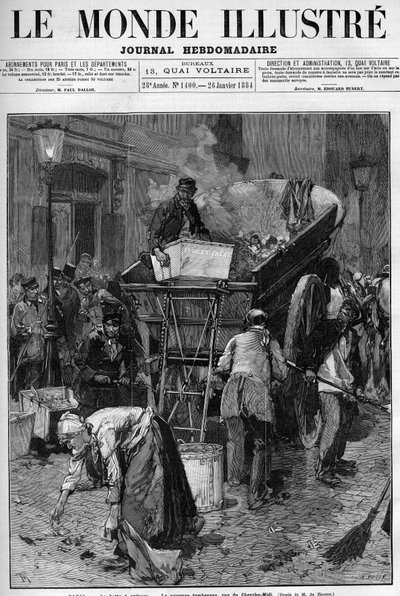 Søppelkasse, den nye lastebilen rue du Cherche Midi (Cherche-Midi) i Paris. Menn og kvinner plukker opp avfall på en gate i Paris for å legge det i en vogn, og dermed rydde opp i livet. Gravering i "" Le Monde Illustré"" av Unknown artist