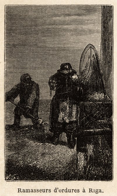 Søppelplukkere i Riga. Tegning av Henriet, for å illustrere hans reise til de russiske baltiske provinsene i 1851-54. Gravering i "" Le tour du monde"", redigert av Edouard Charton av Unknown artist
