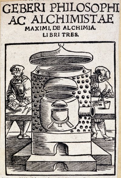 Geberi philosophi ac alchimistae tittelside til en alkymiavtale. Geber (v721-v815), arabisk alkymist av Unknown artist