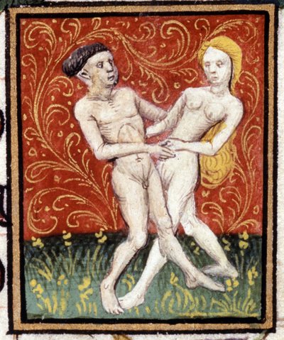 Tvillingene. Miniatyr av et horoskop. 1400-talls manuskript. Bibl. Trivulziana, Milano. av Unknown artist