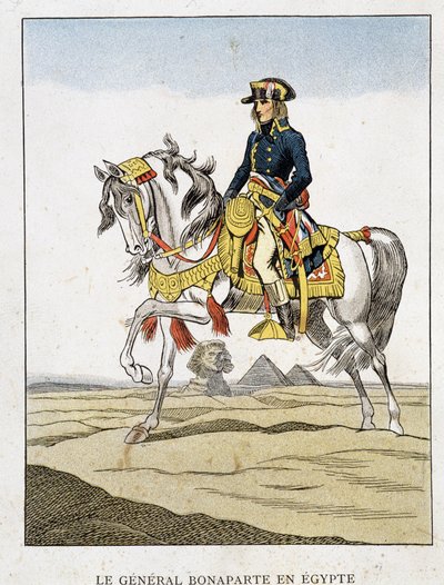 General Bonaparte i Egypt, et portrett som rir foran pyramidene og sfinxen. av Unknown artist