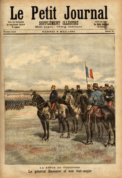 General Felix Gustave (Felix-Gustave) Saussier (1828-1905) og hans stab gjennomgikk troppene ved Vincennes. Gravering i "" Le petit journal illustrious"" 09/05/1891. Selvas samling. av Unknown artist