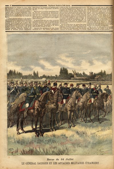 General Felix Gustave (Felix-Gustave) Saussier (1828-1905), militærguvernør i Paris siden 1884, omringet utenlandske militære bånd, gjennomgikk troppene under køen 14. juli 1891 på sletten Bois de Boulogne. Gravering i "" Le petit journ av Unknown artist