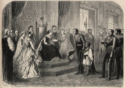 General Robert Cornelis (Cornelius) Napier (1810-1890) introduserte Leul Alemayehou Tewodros (1861-1879), sønn av den etiopiske negus Theodoros II (Tewodros), for dronning Victoria Iere (1819-1901). Gravering i "The Illustrious Universe" av Unknown artist