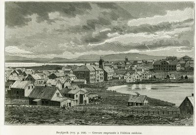 Generell utsikt over Reykjavik. Gravering for å illustrere historien Den nye ekspedisjonen til professor Nils Adolf Erik (Eric) Baron Nordenskjold (Nordenskiold) (1832-1901) på Grønland, av Charles Rabot, i tour du monde 1886, under ledelse av Edouard Char av Unknown artist