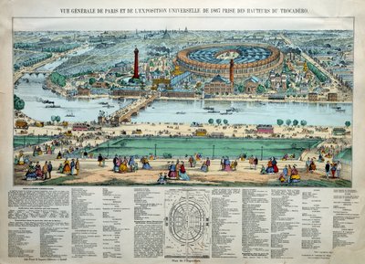 Generell oversikt over verdensutstillingen i 1867 i Paris. Nederst: parken til militærskolen til Champ de Mars. Gravering Paris, Musee Carnavalet av Unknown artist