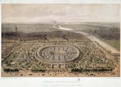 Generell oversikt over verdensutstillingen i 1867 tatt fra Trocadero i Paris: Champ de Mars og broen til Iena som krysser Seinen. Litografi fra 1800-tallet. Paris, Musee d
