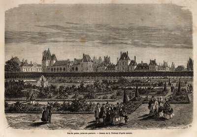Generell utsikt over palasset og hagen til Fontainebleau, tatt fra gulvet. Gravering for å illustrere en beskrivelse av slottet og skogen i Fontainebleau, i 1867, av M.Pays, i "Le tour du monde, nouveau journal des voyages"" publisert under dire av Unknown artist