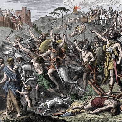 Genseric's vandaler i Italia - Genseric (Geiseric, ca. 399-477) konge av vandalene og hans hær plyndrer Italia, bag av Roma, 455 av Unknown artist