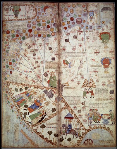 Geografisk kart: Kina, Ganges Valley, Sumatra, Ceylan. Catalan Atlas (katalansk kart) (Spania). Manuskript av 1375 (Folio 2v - folio 3) av Abraham Cresques. BN, Paris av Unknown artist