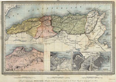 Geografisk kart over Algerie og detaljer om provinsene Alger, Oran og Konstantin, realisert av Amboise Tardieu av Unknown artist