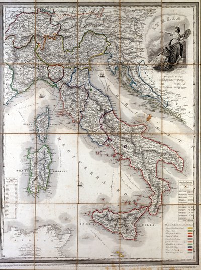 Geografisk kart over Italia i 1850 med avgrensning av grensene til de forskjellige statene som utgjorde landet før Risorgimento. av Unknown artist