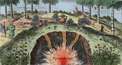 Geologi: kutte jordens bark som forklarer utgangen av ild fra jorden. Gravering fra "Mundi Mirabilis Oeconomia"" av Johann Zahn (1631-1707) av Unknown artist