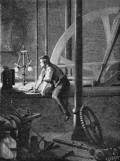 Georges Stephenson, en sjåførarbeider i Newcastle, demonterer og reparerer dampmaskinen hans. I” Album de la Science”, Éditions Jouvet av Unknown artist