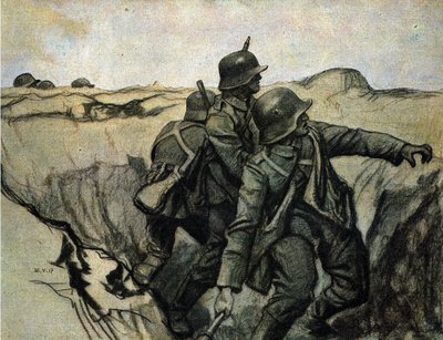 Tyske soldater kaster granater fra skyttergraver mot fiendens tropper. 26/5/1917. av Unknown Artist