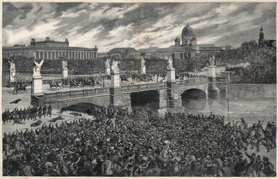 Tyske arbeidere, som gjør opprør i Berlin, blir ryddet vekk av politiet for å tillate passering av Kaiser Wilhelm av Unknown artist