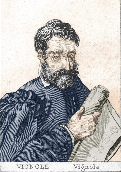 Giacomo Barozzi, som Vignola, på fransk, Le Vignole, holder en plan. av Unknown artist