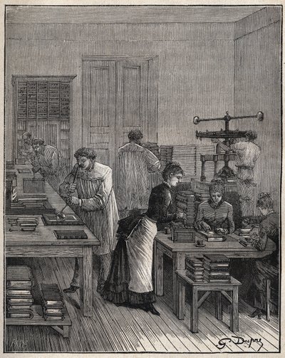 Forgylling av bøker (omslag) i jern i et verksted i Frankrike på 1800-tallet. Gravering fra 1885 i "" Les arts et metiers illustres"" av Adolphe BITARD. av Unknown artist