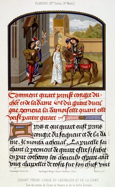 Girart tar avskjed med ridderen og damen - faksimile av belysning fra 1400-tallet av Unknown artist