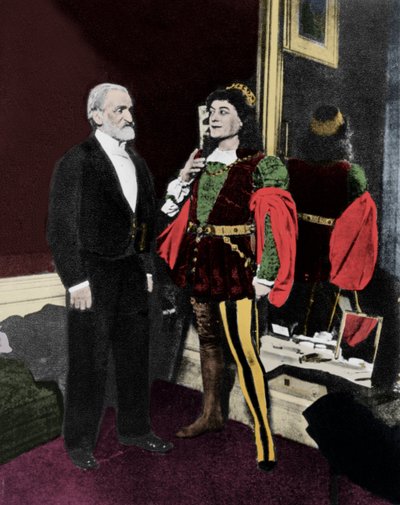 Giuseppe Verdi og Victor Maurel (i Iago) i februar 1887 på Scala i Milano etter premieren på Otello. av Unknown artist