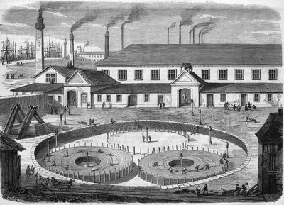 Glass Eiliot electric cable factory in Greenwich. Winding the cable in the basins before transport on the ship “” the leviathan””. Engraving from 1865. av Unknown artist