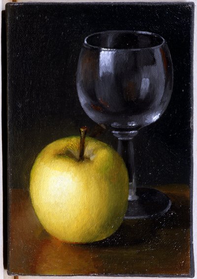 Glass og gult eple - Stilleben, Olje på lerret av Unknown artist