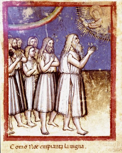 Gud velsignet Noe og hans familie overlevende fra Deluge Miniature fra codex 212 (eller padovano codice eller Bible of Padua) 1390-1400 Rovigo, Accademia dei Concordi av Unknown artist