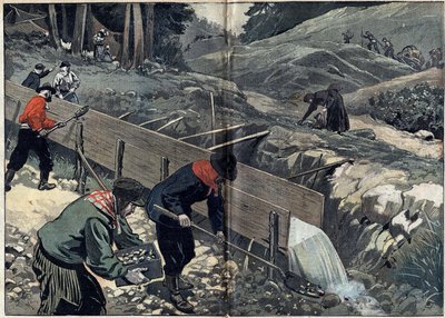 Gold Rush i Alaska: Gullsøkere vasker gullslam. En kvinne plukker opp pepiter mens nye gullsøkere ankommer leiren. Illustrasjon i "" Le Pelerin"" av 20. februar av Unknown artist