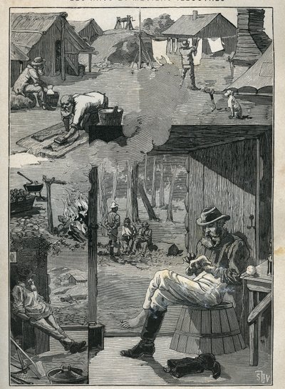 Goldsucher in Australien: Alltagsszenen der Bergleute während ihrer Ruhetage (Reinigung und Trocknung von Wäsche, Socken usw.). Gravur von 1885 in „Les arts et métiers illustrés“ von Adolphe Bitard. von Unknown artist
