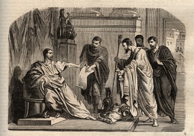 Gordian I (158-238) nektet keiserlig verdighet - Gordian I (Marcus Antonius Gordianus Sempronianus Romanus Africanus) nektet den keiserlige verdigheten - gravering i "" Dictionnaire populaire illustrious" - 1864 - av Joseph Decembre og Edmond Allonier - av Unknown artist