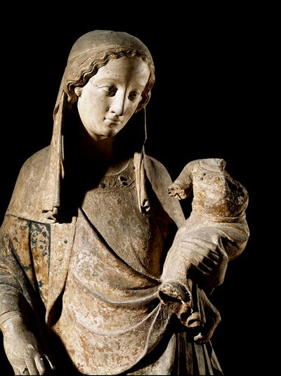 Gotisk kunst: "" Jomfru og barn"" Detalj. Treskulptur. Paris fra 1300-tallet, Louvre-museet av Unknown artist