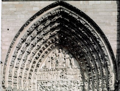 Gotisk kunst: detalj av den sentrale portalen til Cathedrale Notre Dame de Paris av Unknown artist