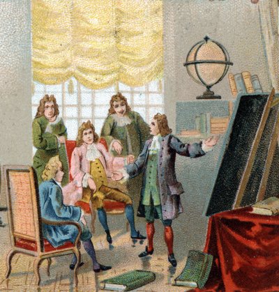 Gottfried Wilhelm Leibniz (1646-1716), German philosopher and mathematician; demonstrating his theories on differential calculation. Chromolithography, late 19th century. av Unknown artist