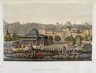 Ottomanernes regjering: publikum ved admiralen - i "" Den gamle og moderne drakten"" av Ferrario, ed Milan av Unknown artist