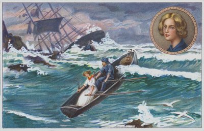 Grace Darling ror ut med faren sin for å redde overlevende fra det skipbrudne fartøyet «Forfarshire» i 1838. (kromolitho) av Unknown artist
