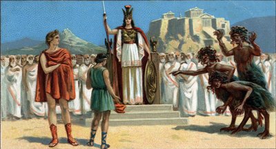 Store greske tragedier: "The Orestia"" av Aischylus. Oreste dukket opp for Areopage eller Høyesterett i Athen, ledet av gudinnen Pallas Athene eller Minerva, assistert av Apollo. Til høyre er Eumenides (de tre furies). Orestie er fraværende av Unknown artist