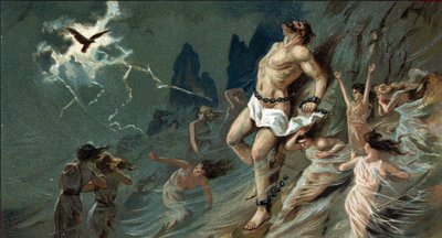 Store greske tragedier: "" Promethee enchaine""" av Aeschylus. I Scythia-ørkenen blir Promethee lenket på en stein etter ordre fra Jupiter for å ha skapt menn og bragt dem himmelsk ild. Der gnagde en ørn leveren hans, stadig gjenfødt. Promethee slutt av Unknown artist