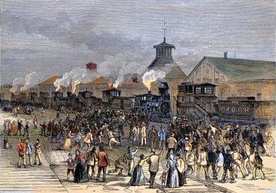 Stor jernbanestreik i 1877, blokade av motorer i Martinsburg, West Virginia av Unknown artist